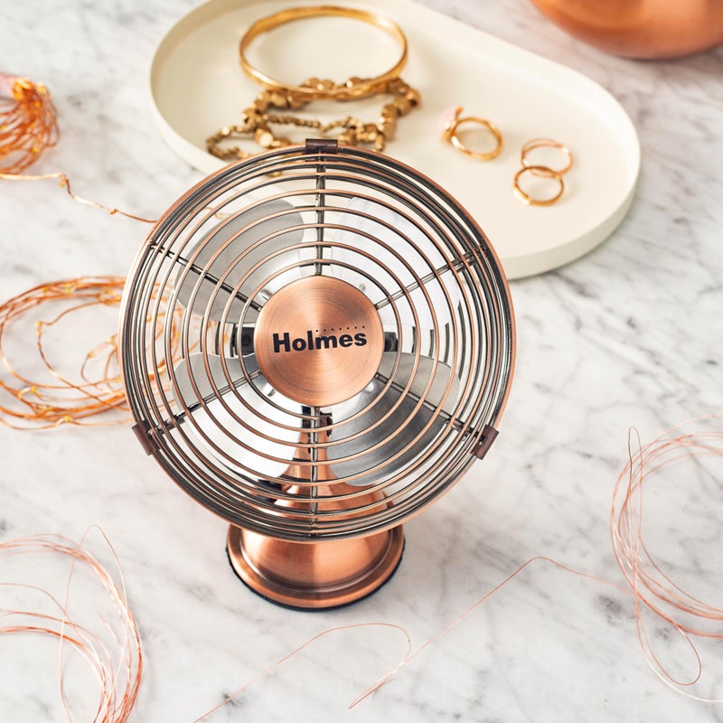 HOLMES 4" Mini Heritage Desk Fan, USB-Powered, Single Speed, 4 Blades, Adjustable 100Â° Head Tilt, Metal Construction, Ideal for Home, Dorm Rooms, Bedrooms, Office or Travel, Vintage Brushed Copper - Image 2